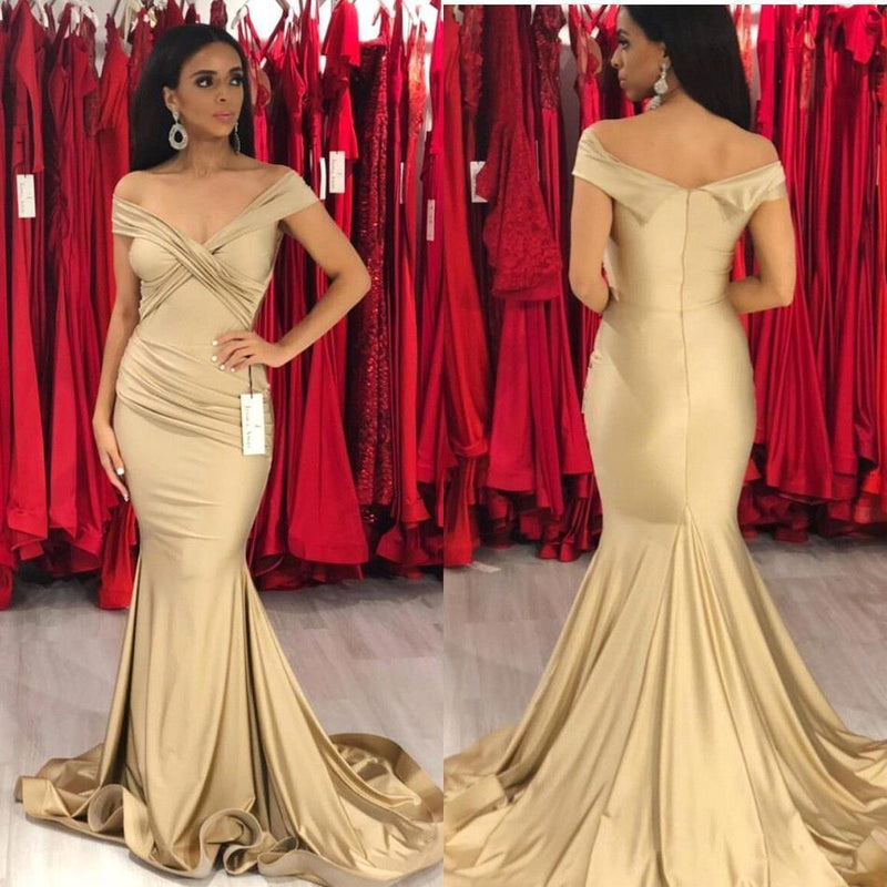 stylesnuggle offers new New Off-the-Shoulder Stretch Satin Plicated V-neck Floor Length Prom Dresses Mermaid Sleeveless Champagne Evening Gowns at cheap prices. It is a gorgeous Mermaid Prom Dresses, Evening Dresses in Stretch Satin,  which meets all your requirements.