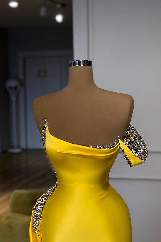 New One shoulder Bright Yellow Mentallic Sequins Overskirt Prom Dress-stylesnuggle