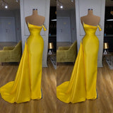 New One shoulder Bright Yellow Mentallic Sequins Overskirt Prom Dress-stylesnuggle