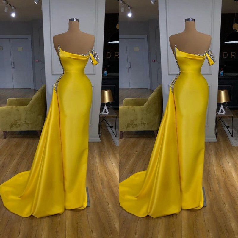 New One shoulder Bright Yellow Mentallic Sequins Overskirt Prom Dress-stylesnuggle