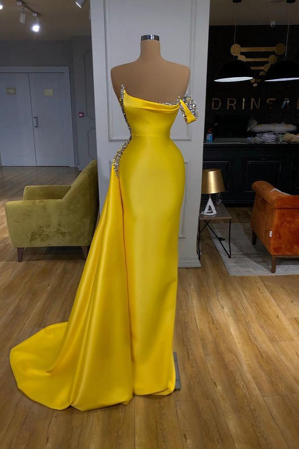 New One shoulder Bright Yellow Mentallic Sequins Overskirt Prom Dress-stylesnuggle