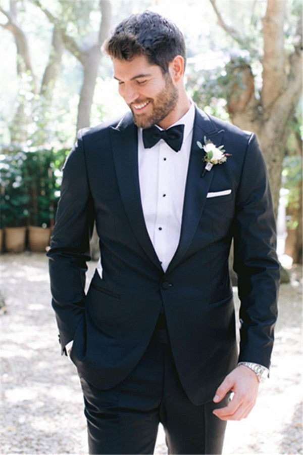 stylesnuggle made this New Slim Fit Peaked Lapel Prom Mens Suits, One Button Wedding Tuxedos Online with rush order service. Discover the design of this Black Solid Peaked Lapel Single Breasted mens suits cheap for prom, wedding or formal business occasion.