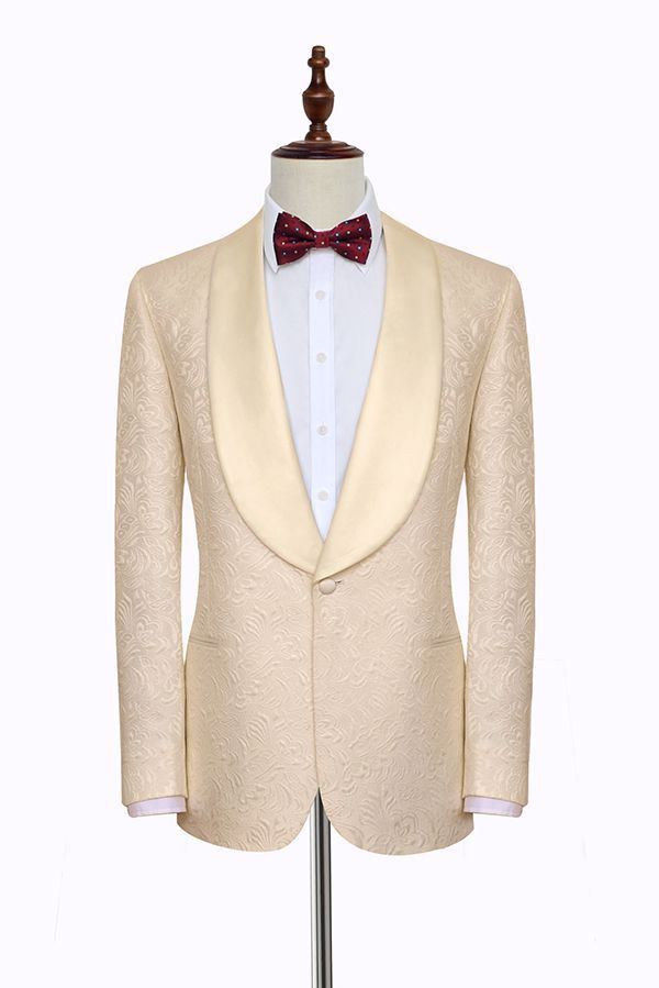 Noble Champagne Jacquard Wedding Tuxedos for Groom Silk Shawl Lapel Prom Suits-stylesnuggle