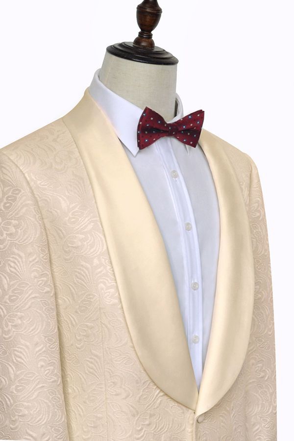 Noble Champagne Jacquard Wedding Tuxedos for Groom Silk Shawl Lapel Prom Suits-stylesnuggle