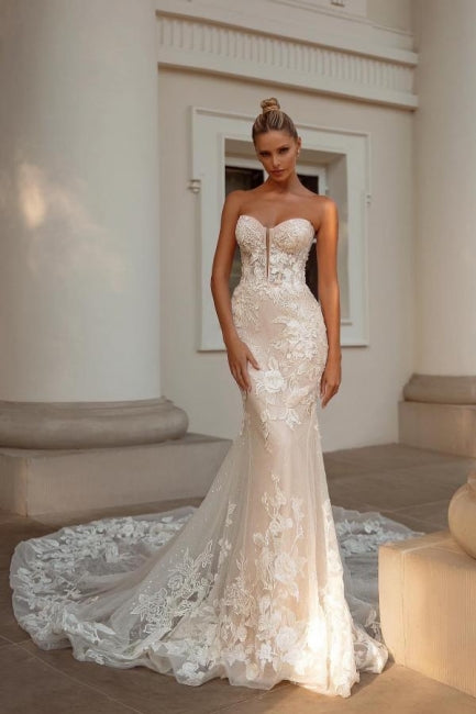 Noble sweetheart sleeveless mermaid lace Wedding Dresses-stylesnuggle