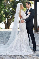 Noble vneck longsleeves mermaid lace Wedding Dresses-stylesnuggle