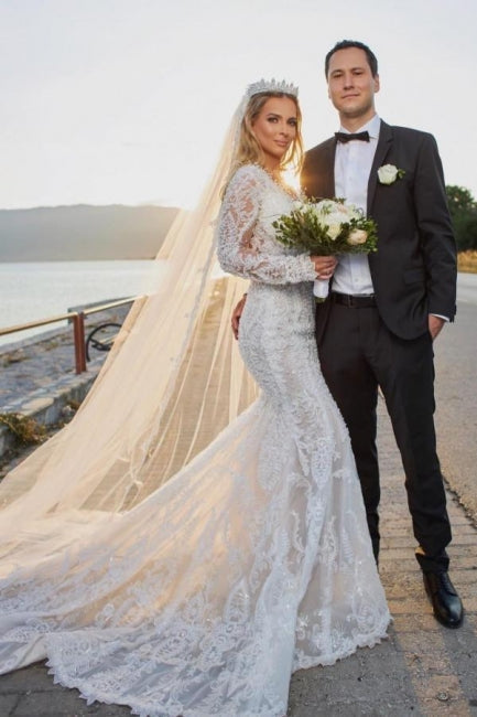 Noble vneck longsleeves mermaid lace Wedding Dresses-stylesnuggle