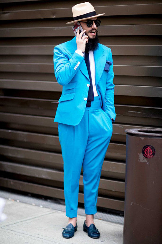 Ocean Blue Close Fitting Peaked Lapel Men Suits for Prom