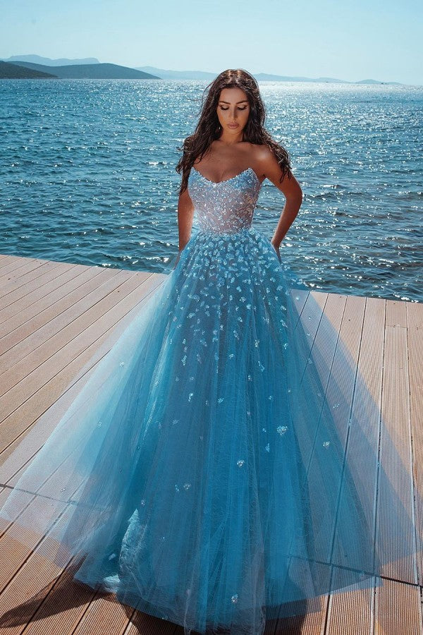 stylesnuggle offers Ocean Blue Strapless Sparkle Beads Tulle Princess Prom Party Gowns at a cheap price from Tulle to A-line Knee-length hem.. Get Gorgeous yet affordable Sleeveless Prom Dresses, Evening Dresses.