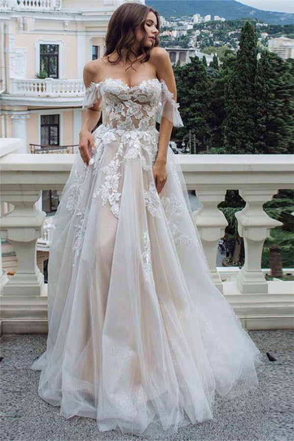 Off The Shoulder Appliques Wedding Dresses A line Tulle Bridal Gowns-stylesnuggle