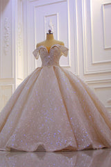 stylesnuggle custom made you this Off the shoulder Champange Puffy ball Gown Sparkle Wedding Dress comes in all sizes and colors. Welcome to pick the most fabulous style today, extra coupons to save a lot.