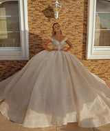 Looking for a dress in Satin, A-line style, and AmazingSequined,Rhinestone work? We meet all your need with this Classic Off the Shoulder Crystal Princess Ball Gown Sequins Bridal Gowns.