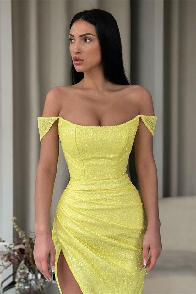 Off-the-Shoulder Daffodil Mermaid Prom Dress Sequins Long Split-stylesnuggle