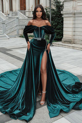 Off the shoulder Dark Green Velvet High split Prom Dress with detachable train-stylesnuggle