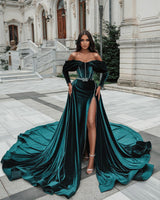 Off the shoulder Dark Green Velvet High split Prom Dress with detachable train-stylesnuggle