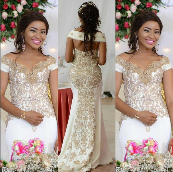 stylesnuggle offers Off-the-shoulder Golden Lace appliques Backless Wedding Dress online at an affordable price from to Mermaid skirts. Shop for Amazing Sleeveless wedding collections for your big day.