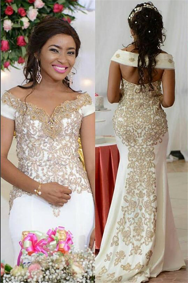 stylesnuggle offers Off-the-shoulder Golden Lace appliques Backless Wedding Dress online at an affordable price from to Mermaid skirts. Shop for Amazing Sleeveless wedding collections for your big day.