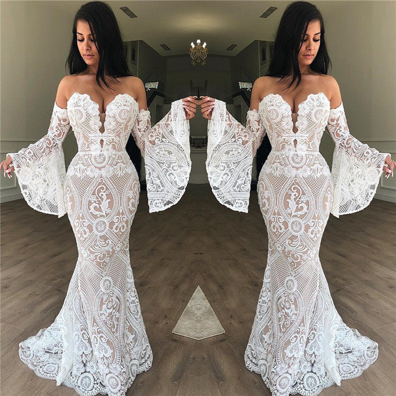 Customizing this New Arrival Off-the-Shoulder Lace Evening Dress Chic Strapless Bell Sleeves Prom Dresses On Sale on stylesnuggle. We offer extra coupons,  make Prom Dresses, Evening Dresses in cheap and affordable price. We provide worldwide shipping and will make the dress perfect for everyone.