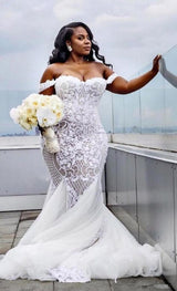 Looking for a dress in , Mermaid style, and Amazing Appliques work? stylesnuggle custom made you this Off-the-shoulder Lace Mermaid Plus Size Wedding Dresses.