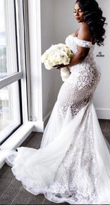 Looking for a dress in , Mermaid style, and Amazing Appliques work? stylesnuggle custom made you this Off-the-shoulder Lace Mermaid Plus Size Wedding Dresses.