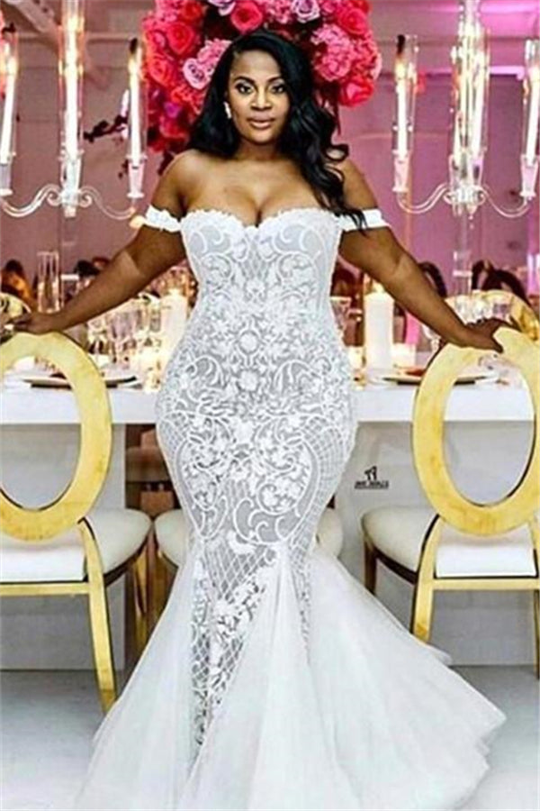 Off the shoulder Lace Mermaid Plus Size Wedding Dresses-stylesnuggle