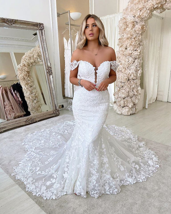 This Off The Shoulder Mermaid Appliques Wedding Dresses Lace Backless Bridal Gowns at stylesnuggle comes in all sizes and colors. Shop a selection of formal dresses for special occasion and weddings at reasonable price.