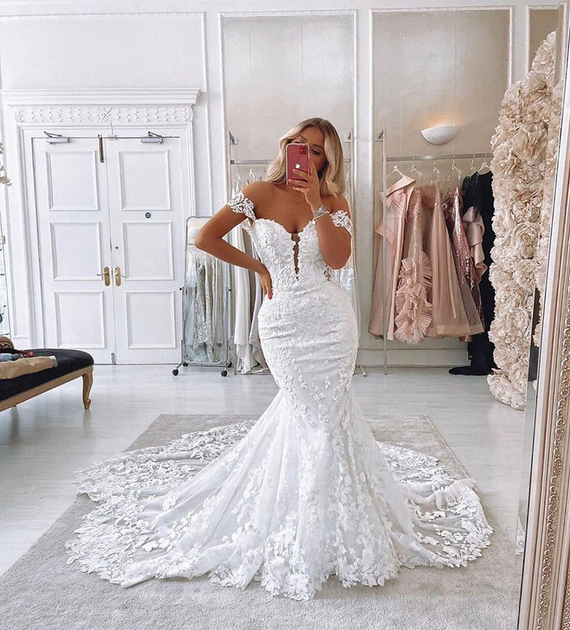 This Off The Shoulder Mermaid Appliques Wedding Dresses Lace Backless Bridal Gowns at stylesnuggle comes in all sizes and colors. Shop a selection of formal dresses for special occasion and weddings at reasonable price.