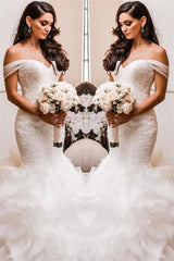 Off The Shoulder Puffy Ruffless Wedding Dresses Sheath Tulle Modern Lace Bridal Gowns-stylesnuggle