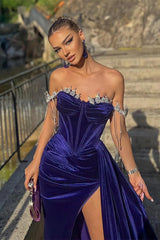 Off-the-Shoulder Velvet Mermaid Evening Dress Slit Long With beads-stylesnuggle