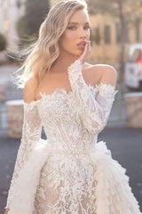 Inspired by this wedding dress at stylesnuggle.com,A-line style, and Amazing work? We meet all your need with this Classic Off the Shoulder Wedding Gown Long Sleeves Floral Mermaid with Detachable Train.