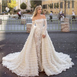 Inspired by this wedding dress at stylesnuggle.com,A-line style, and Amazing work? We meet all your need with this Classic Off the Shoulder Wedding Gown Long Sleeves Floral Mermaid with Detachable Train.