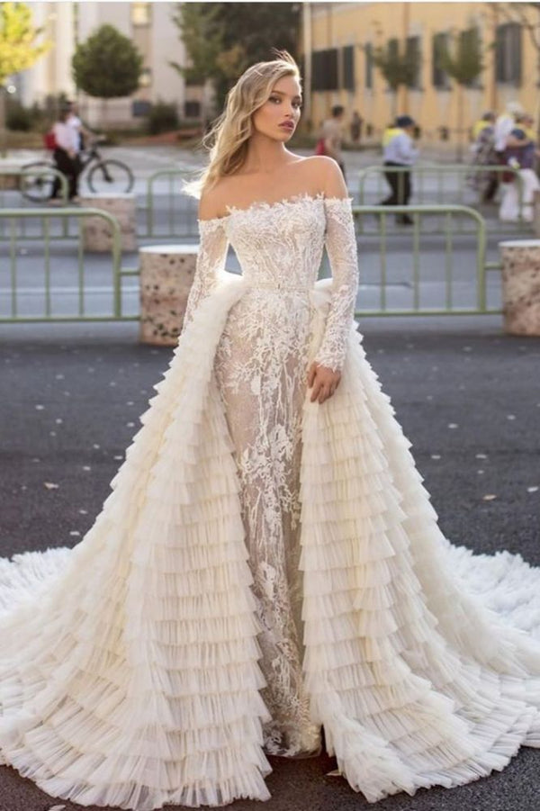 Inspired by this wedding dress at stylesnuggle.com,A-line style, and Amazing work? We meet all your need with this Classic Off the Shoulder Wedding Gown Long Sleeves Floral Mermaid with Detachable Train.