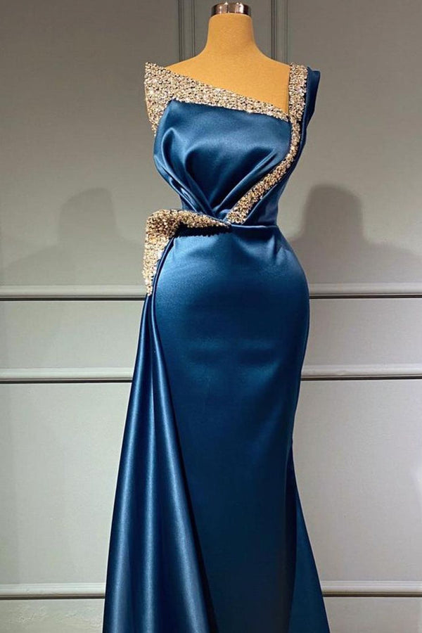 One Shoulder Blue Beading Sequns Long Mermaid Prom Dress-stylesnuggle