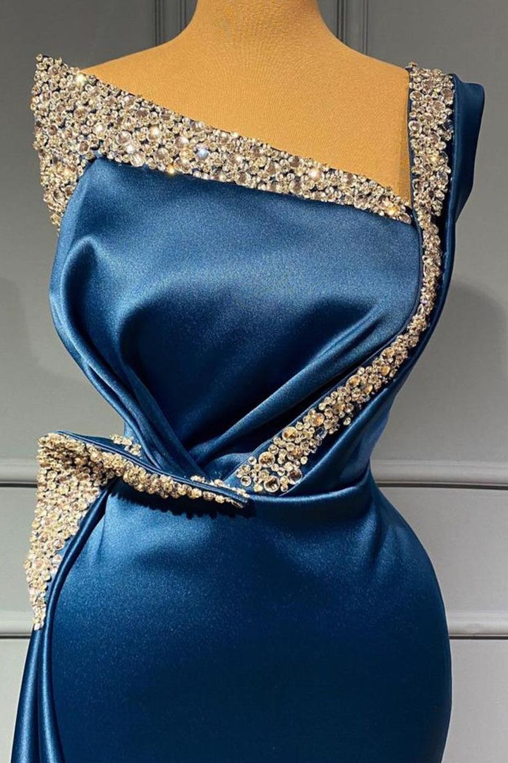 One Shoulder Blue Beading Sequns Long Mermaid Prom Dress-stylesnuggle