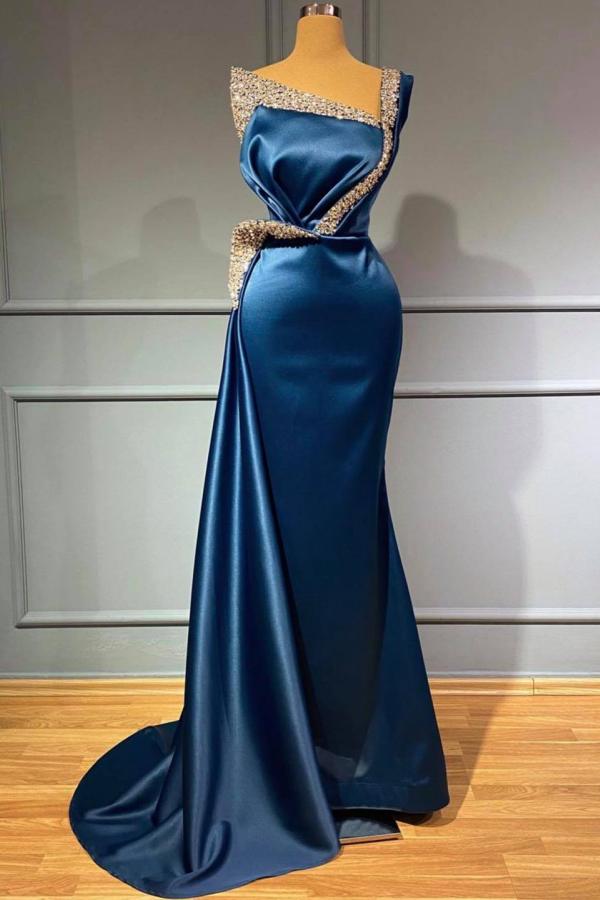 One Shoulder Blue Beading Sequns Long Mermaid Prom Dress-stylesnuggle