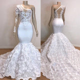 stylesnuggle offers One Shoulder Lace Appliques Meramid Prom Dresses with sleeve at a cheap price from Lace to Mermaid hem.. Click in to check our Gorgeous yet affordable mermaid Real model dresses.