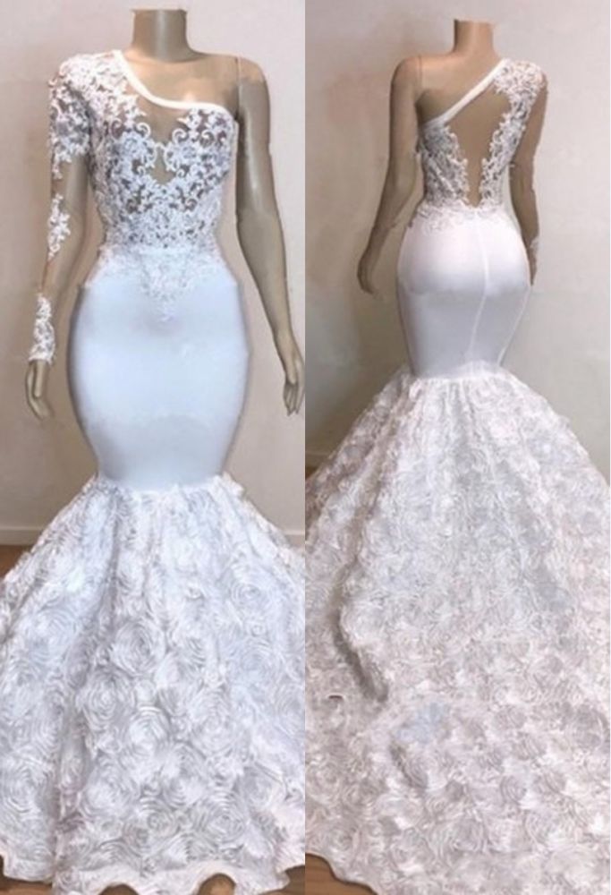 stylesnuggle offers One Shoulder Lace Appliques Meramid Prom Dresses with sleeve at a cheap price from Lace to Mermaid hem.. Click in to check our Gorgeous yet affordable mermaid Real model dresses.