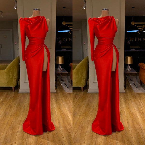 One-shoulder Long sleeves High-split Soft pleated Red Prom Dress-stylesnuggle