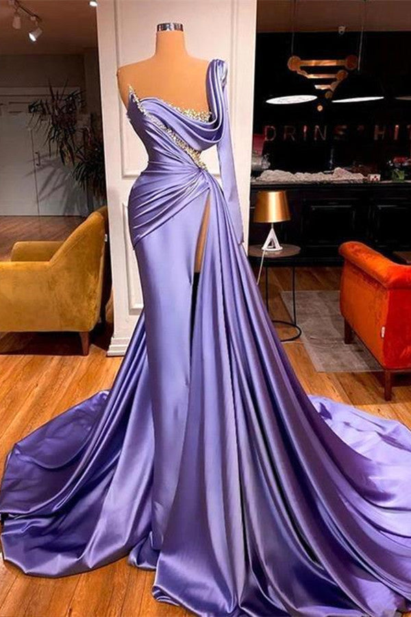 One Shoulder Long Sleeves Prom Dress Slit Mermaid Party Gowns Overskirt-stylesnuggle