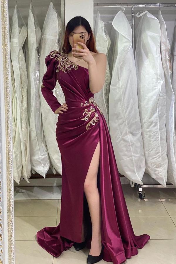 One Shoulder Long Sleeves Prom Dress Split With Appliques-stylesnuggle