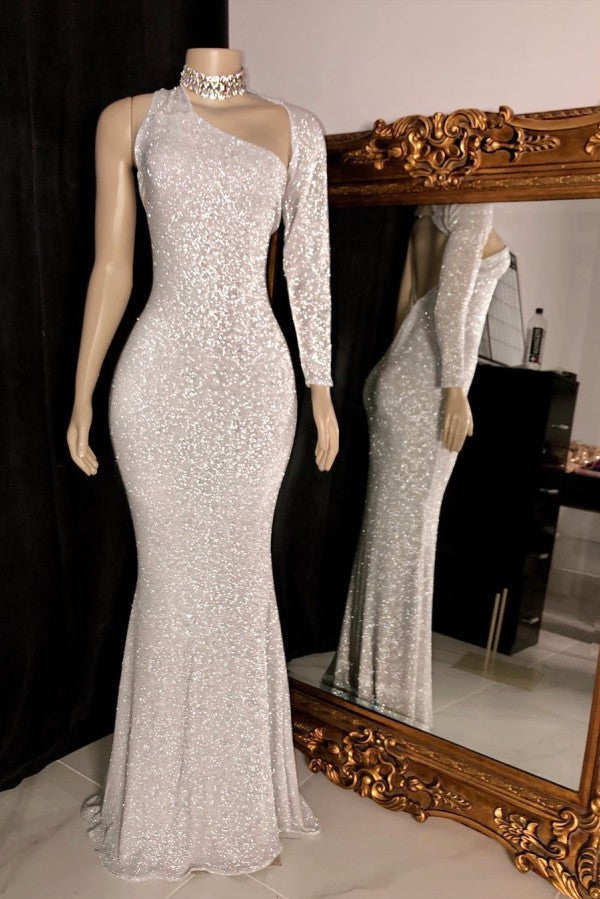 Looking for Prom Dresses, Evening Dresses, Real Model Series in Sequined,  Column style,  and Gorgeous Sequined work? stylesnuggle has all covered on this elegant One-shoulder Long Sleeves Silver Sequins Mermaid Prom Gowns.