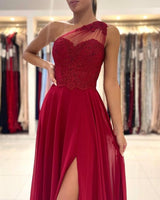 One Shoulder Red Prom Dress Floor Length Sleeveless Maxi Dress with Front Slit-stylesnuggle