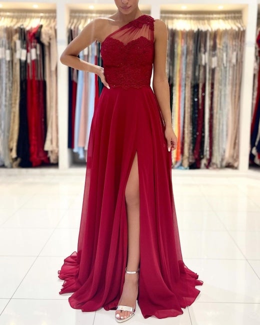 One Shoulder Red Prom Dress Floor Length Sleeveless Maxi Dress with Front Slit-stylesnuggle