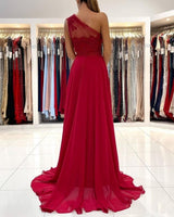 One Shoulder Red Prom Dress Floor Length Sleeveless Maxi Dress with Front Slit-stylesnuggle