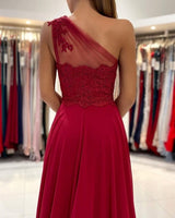 One Shoulder Red Prom Dress Floor Length Sleeveless Maxi Dress with Front Slit-stylesnuggle