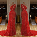 One Shoulder Red Prom Dress Sequins Long On Sale-stylesnuggle