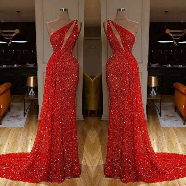 One Shoulder Red Prom Dress Sequins Long On Sale-stylesnuggle