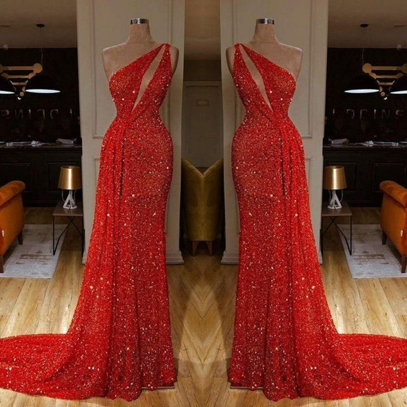 One Shoulder Red Prom Dress Sequins Long On Sale-stylesnuggle