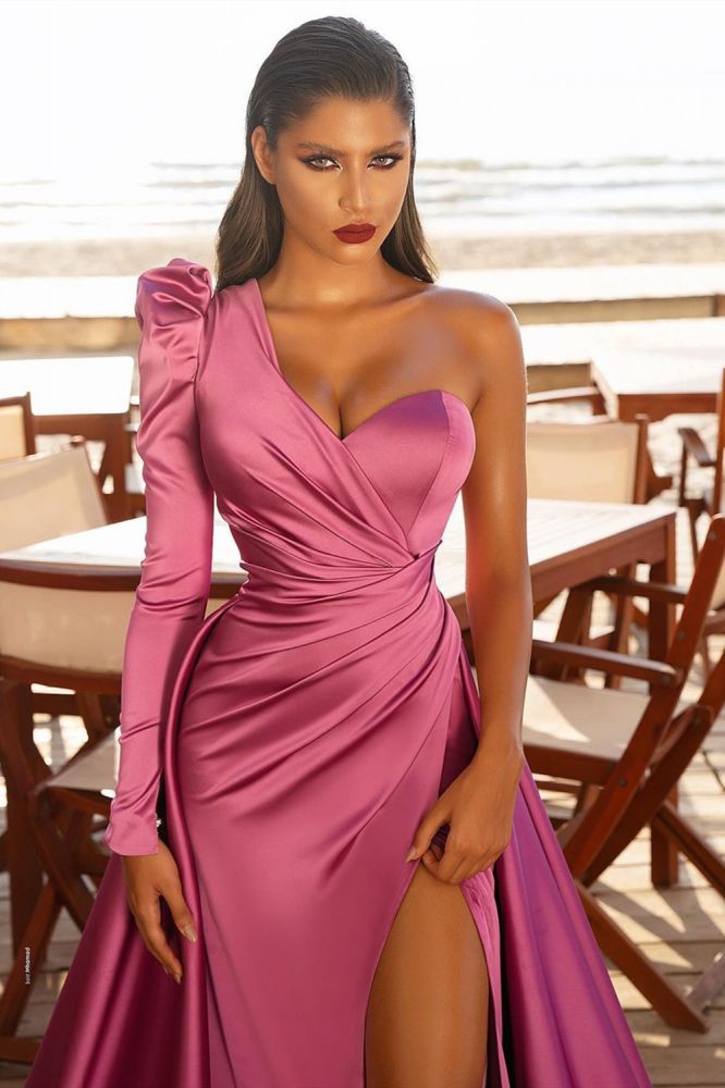 Looking for a perfect dress for your event? stylesnuggle has all covered on this elegant One Shoulder Satin Front Split Evening Party Dresses with Sweep Train.