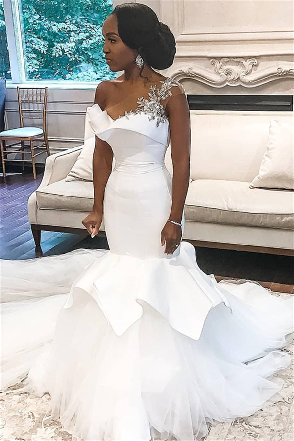 stylesnuggle.com supplies you One shoulder White Mermaid Bridal Gowns with Ruffles Train at reasonable price. Fast delivery worldwide. 